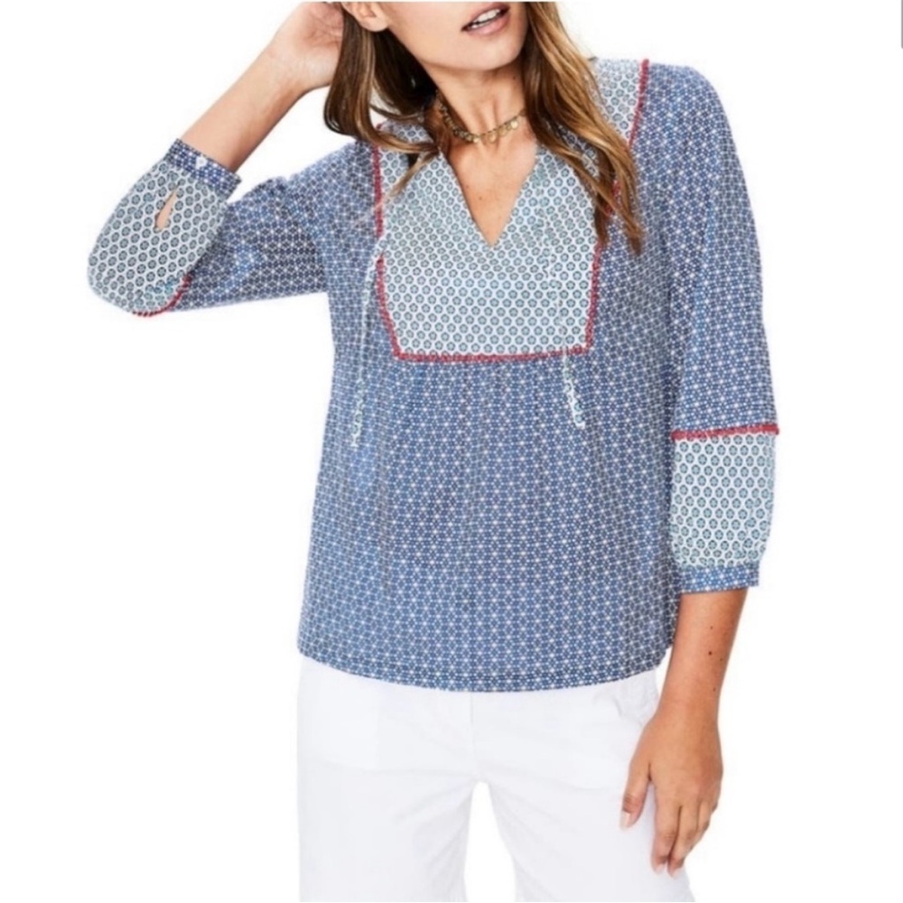 Boden Cora Cotton Peasant Blouse 3/4 Sleeves Size 12